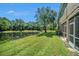 Serene backyard view with lush grass, mature trees, and a tranquil pond at 18981 Duquesne Dr, Tampa, FL 33647