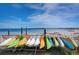 Colorful kayaks and paddle boards line a sandy beach with calm, clear water under a sunny, blue sky at 228 Shore Dr, Tarpon Springs, FL 34689