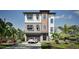 Contemporary three-story home featuring a neutral color palette, wood accents, and a well-manicured lawn at 721 Mandalay Ave, Clearwater Beach, FL 33767