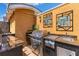 Outdoor kitchen with built-in grill, sink, granite countertops, and unique artistic wall décor at 107 Athenian Way, Tarpon Springs, FL 34689