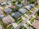 Aerial shot of a residential area featuring single-Gathering homes with pools, palm trees, and neatly kept lawns at 1805 Stable Trl, Palm Harbor, FL 34685