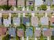 An aerial view shows a neighborhood with well-maintained lawns and houses, each with a private backyard pool at 1805 Stable Trl, Palm Harbor, FL 34685