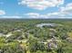 An aerial view of the neighborhood showcasing lush greenery and a serene lake nearby at 1927 Curry Rd, Lutz, FL 33549