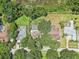 Overhead view of homes featuring pools, verdant lawns, and mature trees on a peaceful street at 1927 Curry Rd, Lutz, FL 33549