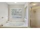 Bright bathroom features a large soaking tub and a glass enclosed shower at 1927 Curry Rd, Lutz, FL 33549