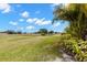 Green backyard with lush landscaping overlooking a verdant field under a partly cloudy sky at 2309 New Orchard Ct, Sun City Center, FL 33573
