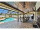 This covered patio features comfortable seating and overlooks a sparkling pool and spa at 3041 Avalon Terrace Dr, Valrico, FL 33596