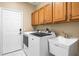 Well-equipped laundry room with a washer, dryer, sink, storage cabinets, and a doorway to the exterior at 3119 Bent Creek Dr, Valrico, FL 33596