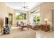 Bright living room featuring neutral walls, a ceiling fan, and large windows overlooking the landscaped backyard at 3119 Bent Creek Dr, Valrico, FL 33596