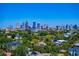 A daytime view of the city skyline as seen from the surrounding neighborhood with trees and rooftops at 628 Bosphorous Ave, Tampa, FL 33606