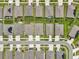 A bird's-eye view presents orderly rows of homes, manicured lawns, and symmetric driveways in a residential area at 7323 Steer Blade Dr, Zephyrhills, FL 33541