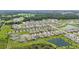 An aerial view showcasing a vibrant community with beautiful landscaping, ponds, and well-spaced homes at 7323 Steer Blade Dr, Zephyrhills, FL 33541