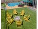 Inviting backyard with a fire pit surrounded by Adirondack chairs, complemented by a pool and dining area at 7530 85Th Ln, Seminole, FL 33777