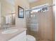Bright bathroom with a tiled shower and glass door, vanity with a sink, and neutral color scheme at 8463 Dunham Station Dr, Tampa, FL 33647