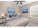 A comfortable bedroom featuring blue accents, carpet, a ceiling fan and beach themed artwork at 8463 Dunham Station Dr, Tampa, FL 33647