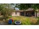 Serene backyard features a screened-in porch, a mini trampoline, and space for outdoor relaxation and entertainment at 9327 Pontiac Dr, Tampa, FL 33626
