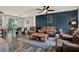 Cozy living room featuring hardwood floors, a ceiling fan, and comfortable seating area at 11041 Black Swan Ct, Seffner, FL 33584