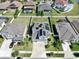 Aerial view of a home featuring solar panels, with neighborhood, pools and lakes at 11625 Tetrafin Dr, Riverview, FL 33579
