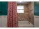 Close-up of shower and tub featuring flamingo curtain and tiled wall at 121 W Mohawk Ave, Tampa, FL 33604