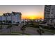 View of the beach from a high vantage point with beautiful sunset view, palm trees, and lush landscaping at 1581 Gulf Blvd # 301N, Clearwater Beach, FL 33767