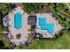 Aerial view of two pools, lounge chairs, and tables nestled among tropical landscaping at 19194 Lake Audubon Dr, Tampa, FL 33647