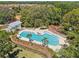 Overhead shot of the community pool highlighting the ample seating and pristine pool surrounded by palm trees and lush foliage at 3952 Bonfire Dr, Odessa, FL 33556