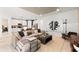 Bright living room open to kitchen features contemporary decor, a comfortable sofa, and modern art at 5703 Silverside Pine Ct, Lakewood Ranch, FL 34211