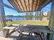 Waterfront picnic area featuring a table, bench, with a view of condominium buildings at 600 Gardens Edge Dr # 614, Venice, FL 34285