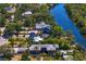 Scenic aerial view of a waterfront estate with a private dock, surrounded by lush greenery and a river at 7508 N Ola Ave, Tampa, FL 33604
