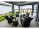 Relaxing screened-in patio with comfortable seating and a serene lake view at 9263 Barrier Coast Trl, Parrish, FL 34219