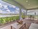 Screened-in patio featuring comfortable seating and a beautiful view of the lake and neighborhood at 17130 Moonflower Dr, Venice, FL 34293