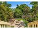 Lush backyard oasis featuring a stone fire pit, tropical landscaping, and a charming storage shed at 1816 E 15Th Ave, Tampa, FL 33605