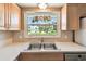 Well-lit kitchen sink area featuring a double basin, window with bird ornament, and light wood cabinetry at 3072 Keene Park Dr, Largo, FL 33771