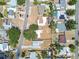 This aerial view shows a neighborhood with mature trees, homes with pools, and ample parking at 5121 Flamingo N Dr, St Petersburg, FL 33714
