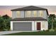 Charming two-story home featuring gray siding, a two-car garage, and a welcoming red front door at 9766 Crescent Moon Dr, Riverview, FL 33578