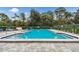 Inviting community pool with clear blue water, surrounded by a spacious stone patio and lush landscaping at 232 Hunter Ct, Palm Harbor, FL 34684