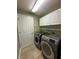 Laundry room equipped with modern washer and dryer set and white storage cabinets at 2603 Valencia Grove Dr, Valrico, FL 33596