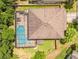 Aerial view of a private backyard oasis with a sparkling swimming pool enclosed by a screened-in lanai at 309 Dakota Hill Dr, Seffner, FL 33584