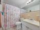 Bathroom featuring a vanity, toilet, mirror, and an Eiffel Tower-themed shower curtain at 3338 Hoover Dr, Holiday, FL 34691