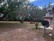 Spacious backyard with scattered trees and a rustic brick barbecue grill at 33640 Brisk Dr, Wesley Chapel, FL 33543
