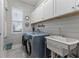 Well-lit laundry room featuring blue washer/dryer, a utility sink, and white shiplap walls at 5903 Nature Ridge Ln, Lithia, FL 33547