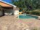Backyard pool with patio, featuring lush landscaping, an outdoor dining area, and serene ambiance at 6703 Peachtree Dr, Temple Terrace, FL 33617