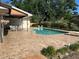 A stunning outdoor pool with a spacious brick paver patio and manicured landscaping creating a serene escape at 6703 Peachtree Dr, Temple Terrace, FL 33617