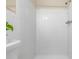 Bright white bathroom with tile shower featuring a decorative plant on the toilet at 8184 Rose Ter, Seminole, FL 33777