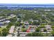 Aerial view of a residential community with mature trees and a glimpse of the bay at 834 Cambridge Ct, Dunedin, FL 34698