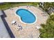 Aerial view of the large pool, complete with tables, umbrellas, lounge chairs, and a white safety fence at 834 Cambridge Ct, Dunedin, FL 34698