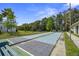Two shuffleboard courts with blue and grey surfaces surrounded by lush green landscaping and comfortable benches at 834 Cambridge Ct, Dunedin, FL 34698