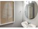 Half bath featuring a framed leaf print, round mirror, and stylish pedestal sink at 9768 Crescent Moon Dr, Riverview, FL 33578