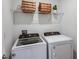 Functional laundry room with modern washer and dryer and overhead wire shelving at 9768 Crescent Moon Dr, Riverview, FL 33578