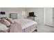 Bedroom with carpeted floors featuring a gray dresser, television, and a comfortable queen size bed at 10749 Tally Fawn Loop, San Antonio, FL 33576